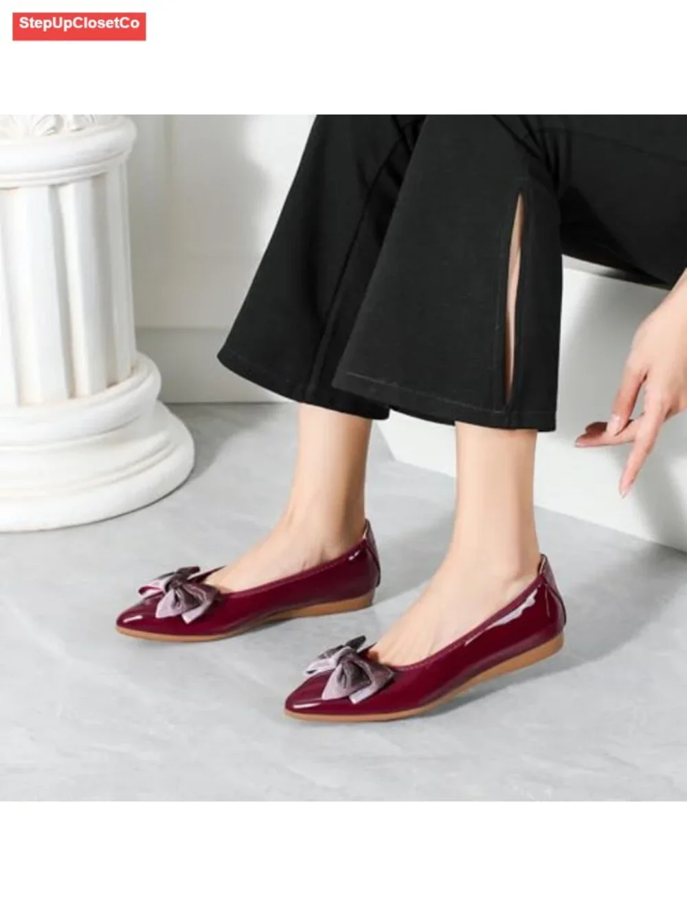 Faux Leather Pointed Toe Ballet Flats with Bow Slip On Dressy Flats
